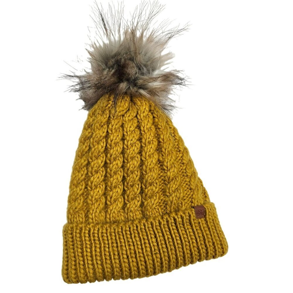 David & Young Mustard Yellow Cable Knit Beanie With Faux Fur Pom & Soft Lining - Picture 2 of 6